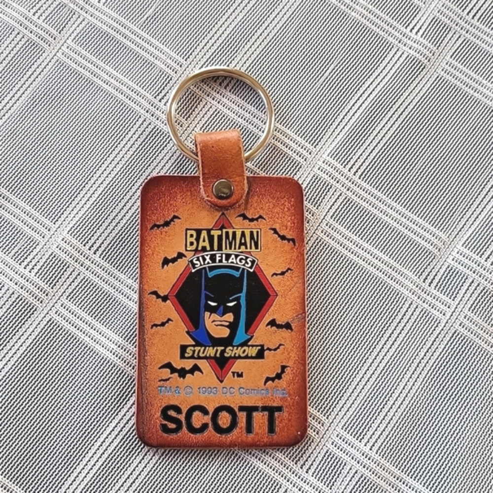 Six Flags Batman Stunt Show Leather Keychain -Scott
